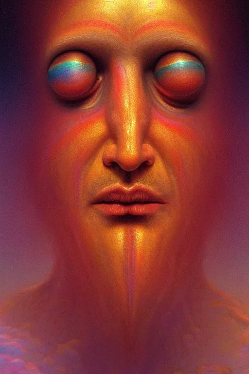 Image similar to hyperrealistic close-up Renaissance psychedelic!! celestial happy pure kind! creature!! peaceful! kind spirit of nature highly detailed concept art eric zener elson peter cinematic hard rainbow lighting high angle hd 8k sharp shallow depth of field, inspired by Zdzisław Beksiński