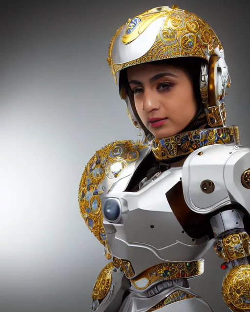 Prompt: centered medium shot fine studio photograph of a beautiful persian girl wearing a mecha electronic helmet with led lights and persian golden ornaments, ultra-realistic, white background, 8k HDR morning light, intricate detail