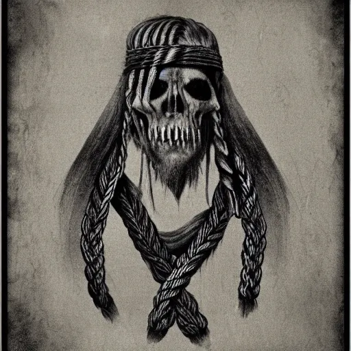 Prompt: viking skulle with braids hovering in the air, grayscale, yellow detail, red detail