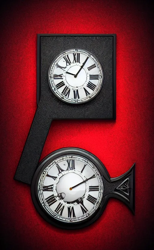 Image similar to a melting Roman numeral clock, behind a red and black gradient background, awith a black heart shaped on the top left corner and a black diamond card shape in the bottom right corner, dynamic lighting, photorealistic fantasy concept art, trending on art station, stunning visuals, cinematic, creative, ultra detailed