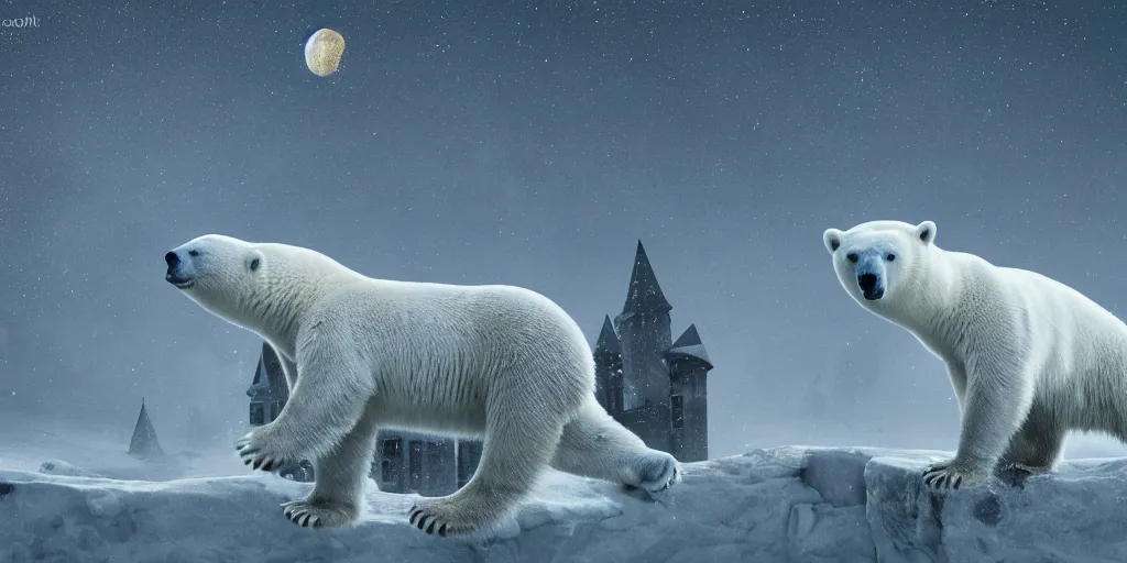 Prompt: Polar bear flying in the night sky above a warmly lit farm town , size difference, gothic, biomorphic, amazing details, dystopian, surrealism, cold hue's, warm tone gradient background