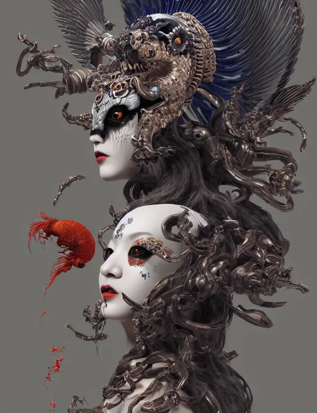 Image similar to 3 d goddess of hell close - up profile portrait with ram skull. beautiful intricately detailed japanese crow kitsune mask and clasical japanese kimono. betta fish, jellyfish phoenix, bio luminescent, plasma, ice, water, wind, creature, artwork by tooth wu and wlop and beeple and greg rutkowski