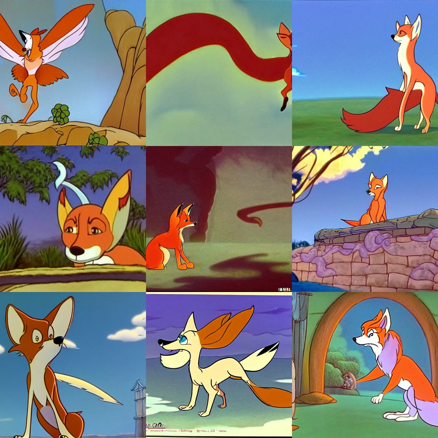 Prompt: a winged cartoon fox in all dogs go to heaven ( 1 9 8 8 ), animation still, don bluth