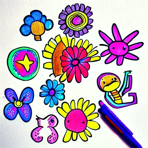 Image similar to fun doodle characters, flowers, rainbows, toilet seats, drawn with a fineliner pen on a white paper