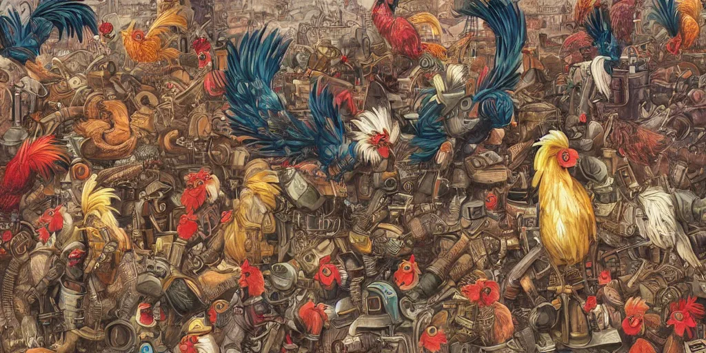 Image similar to colorful illustration of a million fighting roosters, mix of styles, dieselpunk, intricate, highly detailed