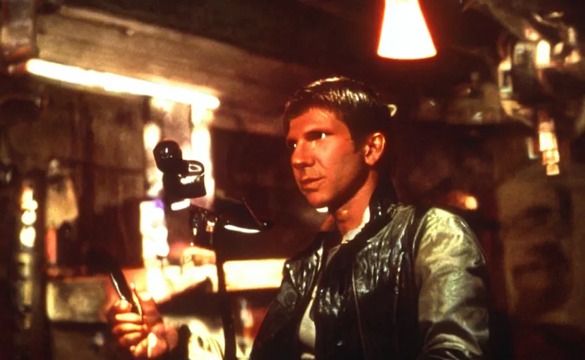 Prompt: young harrison ford as deckard from bladerunner doing standup comedy in a cyberpunk bar behind a mic