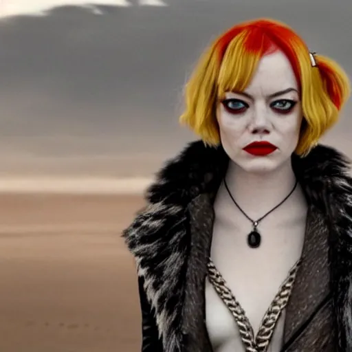 Prompt: emma stone as cruella in mad max fury road