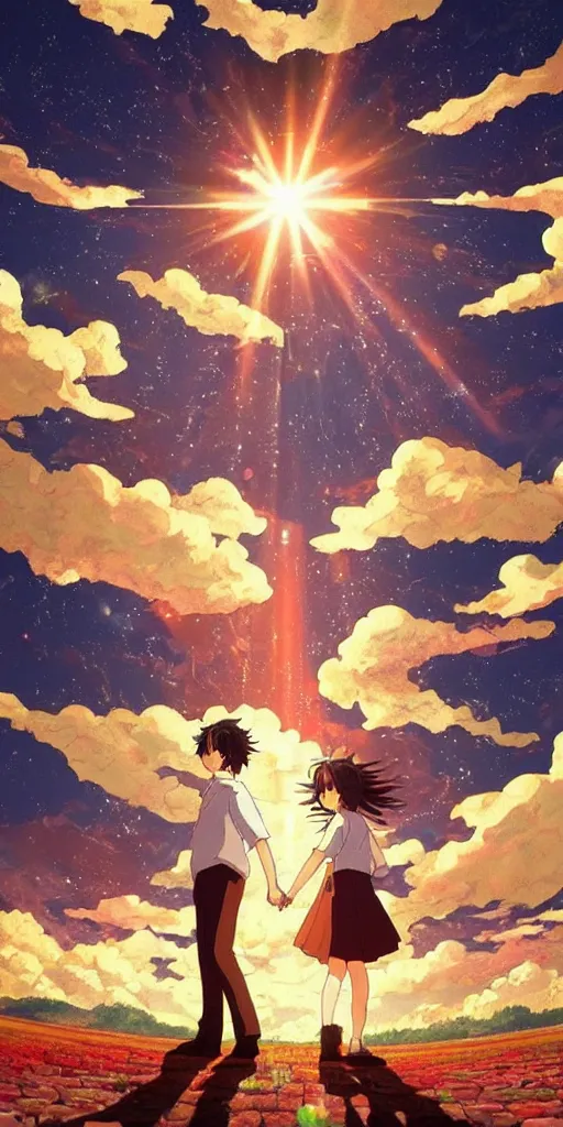 Image similar to a man and a woman holding hands under a beautiful sun drawn like the anime Your Name anime, intricate, psychedelic,