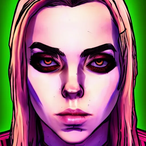 Image similar to billie eilish portrait, borderlands, tales from the borderlands, the wolf among us, comic, cinematic lighting, studio quality, 8 k