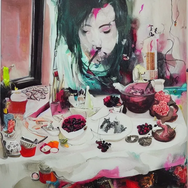 Image similar to “ a portrait in a female art student ’ s apartment, sensual, a pig theme, pork, art supplies, surgical iv bag, octopus, ikebana, herbs, a candle dripping white wax, japanese pottery, squashed berries, berry juice drips, acrylic and spray paint and oilstick on canvas, surrealism, neoexpressionism ”