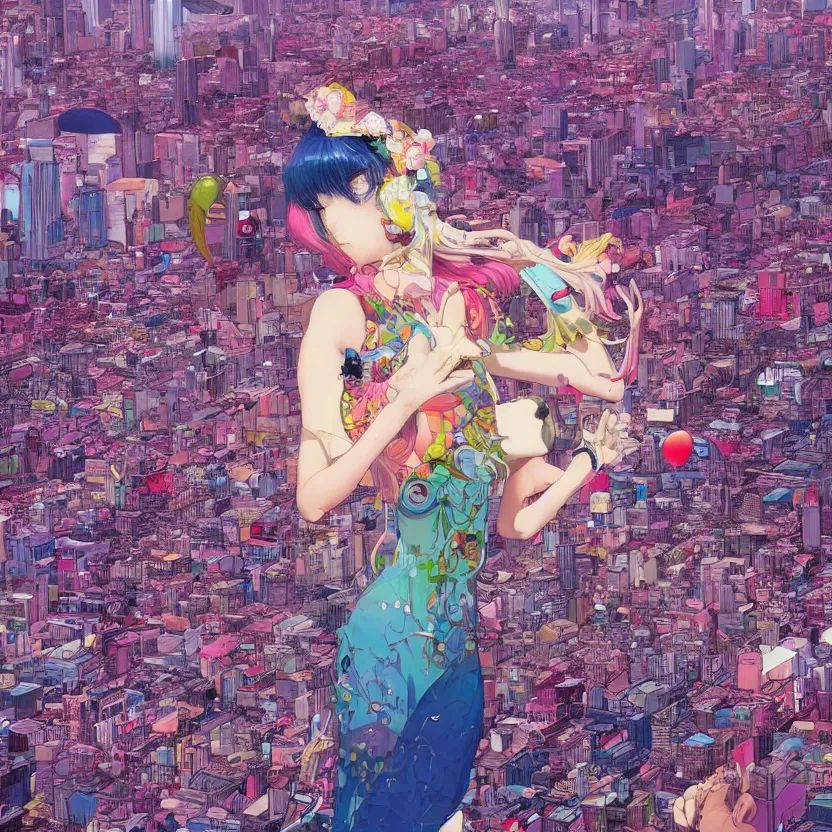 Prompt: a very detailed art of a goddess above a city by inio asano, beeple and james jean, hiroyuki takahashi color scheme, digital art, 4 k, trending on artstation