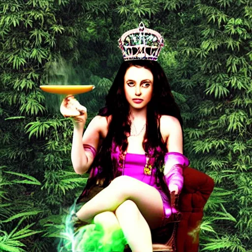 Image similar to princess of cannabis, extremely realistic, sitting a throne made of hemp, smoking a bowl from a huge bong