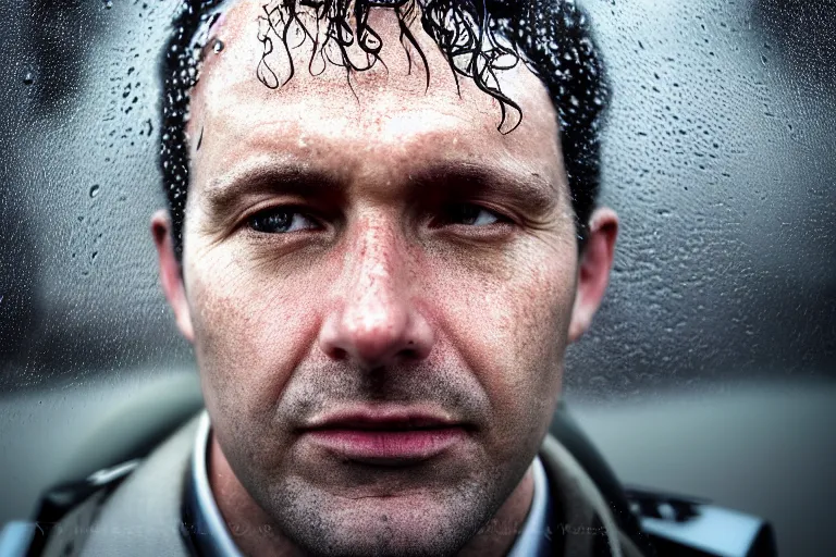 Image similar to an ultra realistic, cinematic, headshot portrait, of an airline pilot, wind, facial features, background of a vast serene airspace, with clouds and rain, detailed, deep focus, movie still, dramatic lighting, ray tracing, by michal karcz and yoshitaka amano