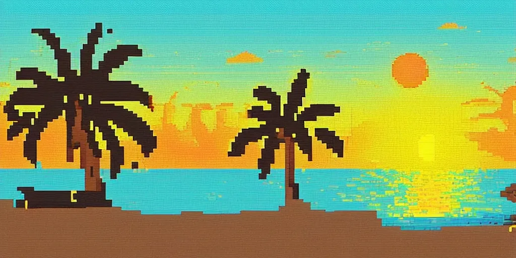 Prompt: a beautiful sunset at the beach, palm trees, a ship in the sea. #pixelart