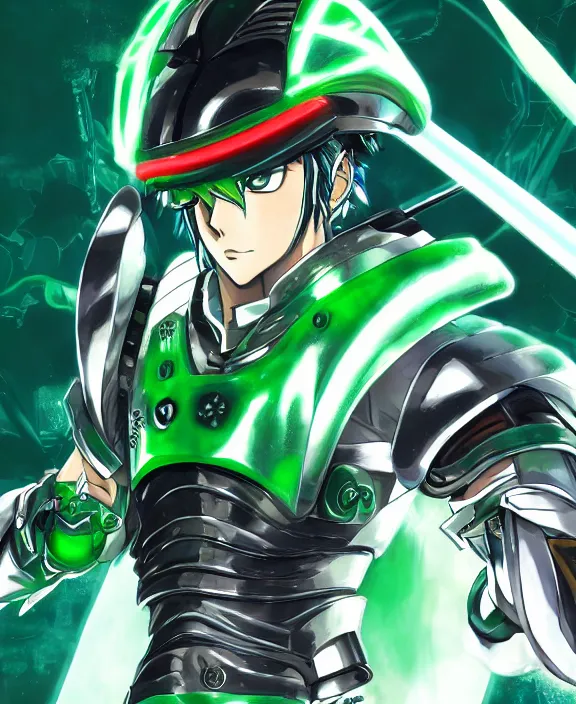 Prompt: an anime drawing of a futuristic warrior with jade green bladed armour and a futuristic helmet with a neon jade visor by Yusuke Murata, 4k resolution, detailed