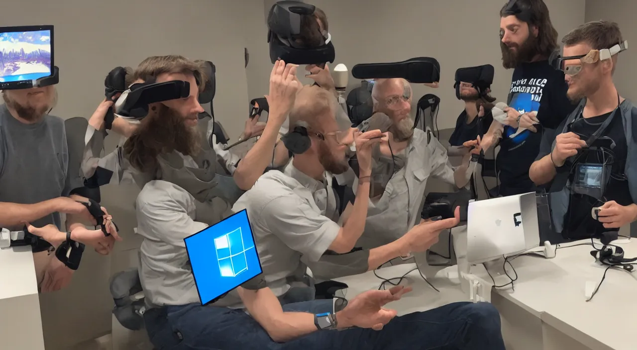 Image similar to Jesus Christ teaching his disciples how to install Windows 11 using VR. Photo realistic.