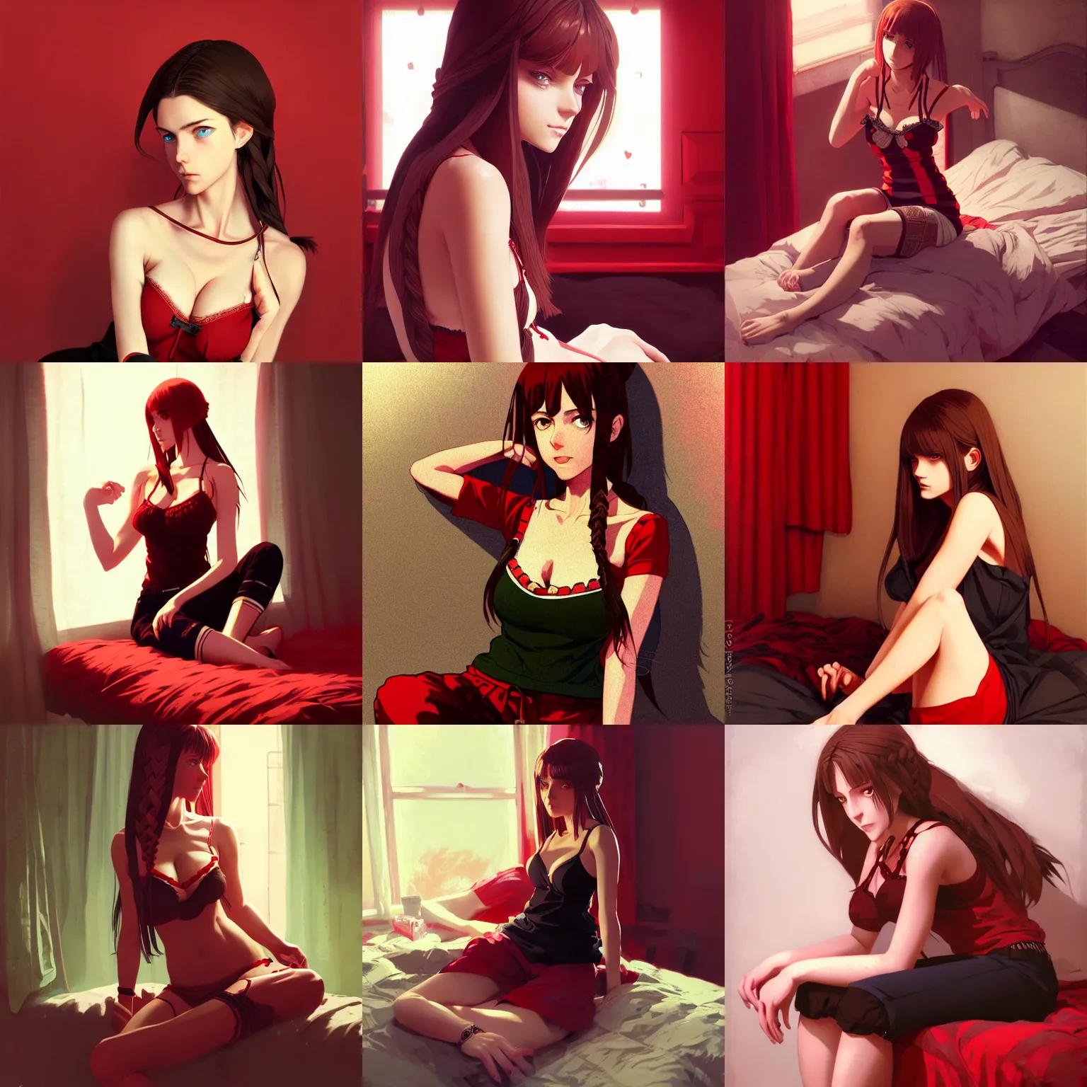 Prompt: beautiful woman with braided brown hair and green eyes, wearing a camisole, sitting on her bed, black and red colors, highly detailed, in the style of and ilya kuvshinov and greg rutkowski, high quality anime artstyle, intricate