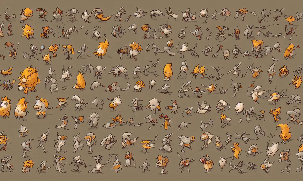 Prompt: game asset sheet, material study, 2 d sprite, chicken headed characters from california dancing and strutting