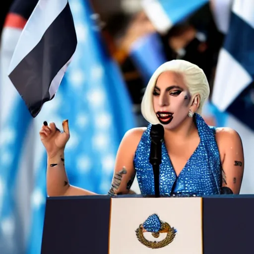 Image similar to Lady Gaga as president, Argentina presidential rally, Argentine flags behind, bokeh, giving a speech, detailed face, Argentina