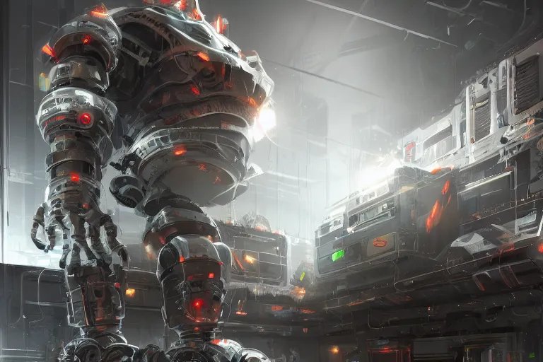 Prompt: parallax datacenter server room single mono colossus white rusty android robosaurus armoured in artstation cinematic detailed concept art volumetric light sharp coherent cgsociety