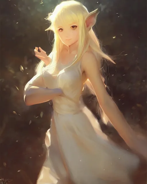 Prompt: elf girl with blonde hair and white dress, half - length photo, illustration, perfectly shaded, atmospheric lighting, by wenjun lin an krenz cushart