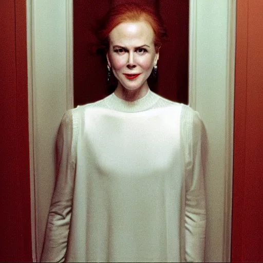 Image similar to Nicole Kidman in The Shining by Stanley Kubrick, cinematic, symmetrical face, 35mm lens, cinestill 400t film