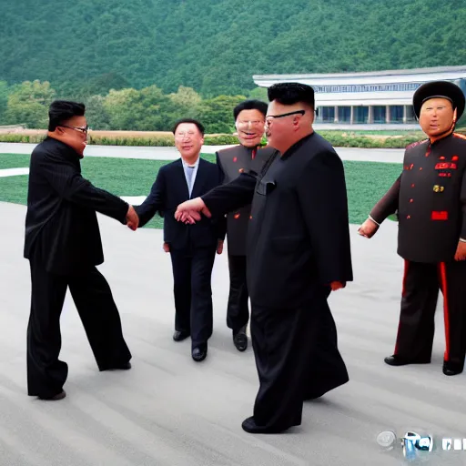 Image similar to a professional photograph of Bon Jovi shaking hands with Kim Jong-un in Pyongyang, 8k, dslr, cinematic,