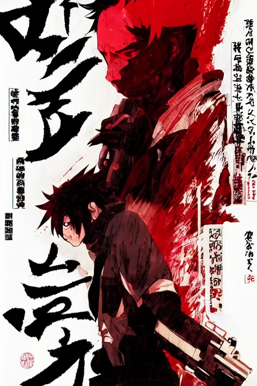 Image similar to professionally drawn seinen shonen mature cyberpunk horror detective action manga comic cover, full color, beautifully drawn coherent professional, drawn by ilya kuvshinov, ilya kuvshinov, and hiromu arakawa and tsutomu nihei. japanese script kanji hiragana on the cover. simplistic minimalist.