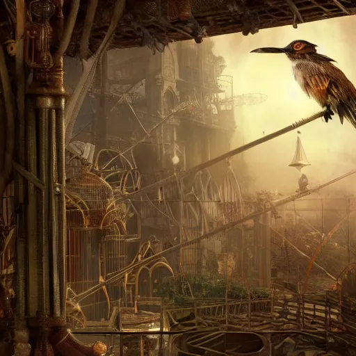 Image similar to intricate cage with bird of paradise steampunk, matte painting, cinematic, epic composition, detailed, atmospheric, wide angle, artstation trending