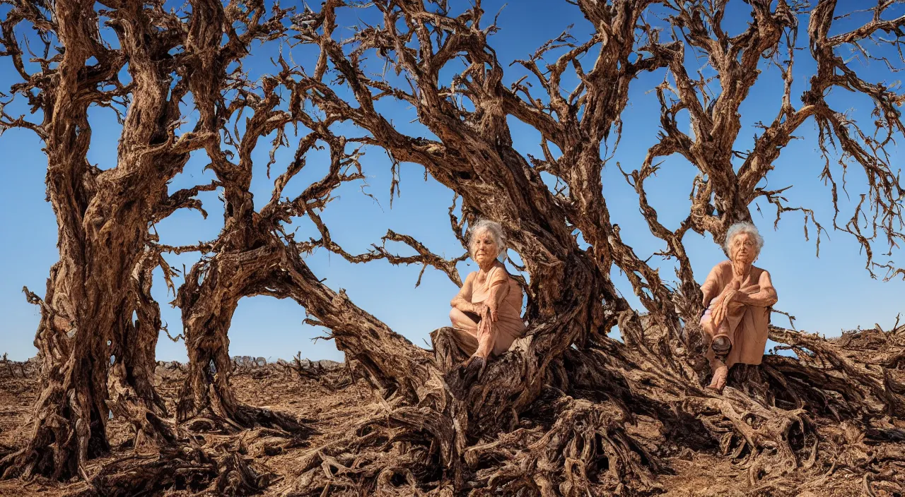 Prompt: full shot of a 65-year-old Gaia, visible tears on her face, facing the camera and sitting on a dried up river in a desolate land, dead trees, blue sky, hot and sunny, highly-detailed, elegant, dramatic lighting, artstation, 4k, cinematic landscape, photograph by Elisabeth Gadd