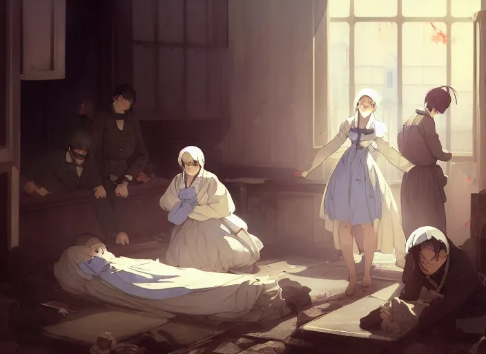 Prompt: 1 8 5 4 crimea, florence nightingale, army hospital in scutari, overcrowded, filthy, blocked drains, broken toilets, rats, wounded soldiers, sleep dirty floor, no blankets, finely detailed perfect art, gapmoe yandere grimdark, trending on pixiv fanbox, painted by greg rutkowski makoto shinkai takashi takeuchi studio ghibli