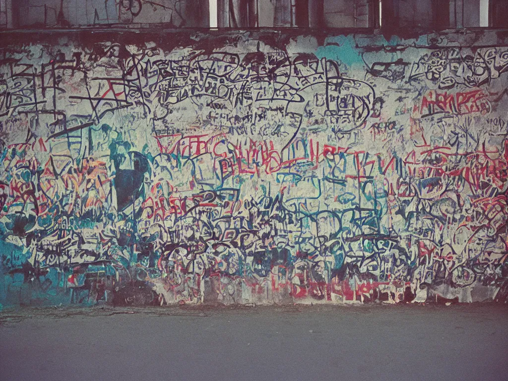 Prompt: “35mm film photography of Berlin Wall, various subjects, cinestill 800t, grain”