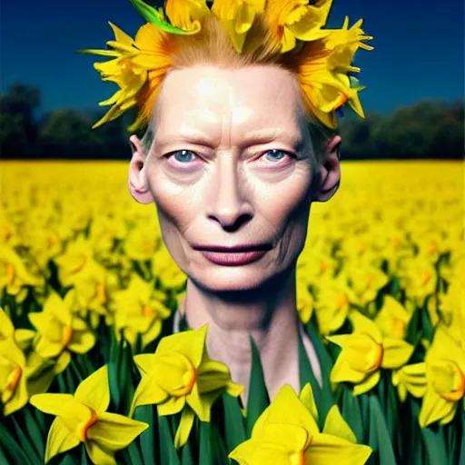 Image similar to medium shot, tilda swinton face fused with daffodil, eyes visible, head covered with leaves, inside the flower, daffodils field, highly detailed, shallow depth, bokeh, codachrome, polaroid, unreal engine, 3 d art, digital art, painting by greg rutkowski