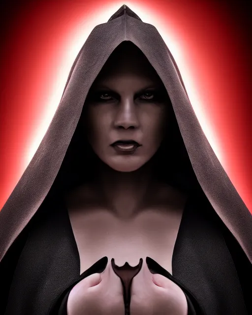 Image similar to closeup portrait, beautiful woman dark lord of the sith wearing a black hooded jedi cloak against a black background, white skin, dark eyes, rim light, volumetric lighting, concept art, smooth, sharp focus, arney freytag, glamour pose, soft ambient lighting, octane, 2 8 mm,