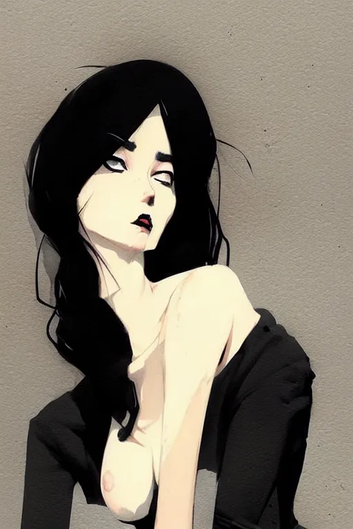 Image similar to a ultradetailed beautiful panting of a stylish woman in a black dress sitting, by conrad roset, greg rutkowski and makoto shinkai trending on artstation