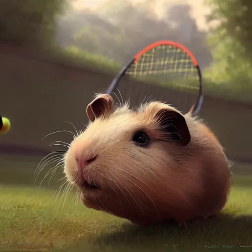 Image similar to a cute guinea pig plays tennis. detailed digital art by greg rutkowski, keith parkinson, marc simonetti, artgerm, artstation, deviantart, 8k, hd