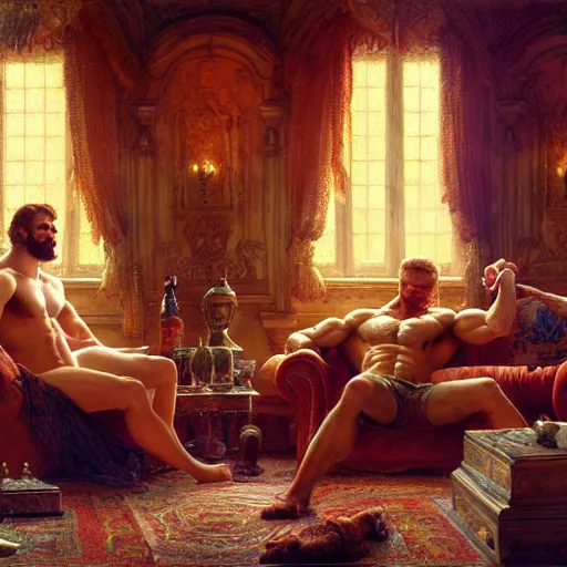 Image similar to attractive muscular mike with ginger hair with attractive tyler with brunet hair, drinking their hearts out, in their noble mansion. very defined to the maximum and highly detailed painting by gaston bussiere, craig mullins 8 k
