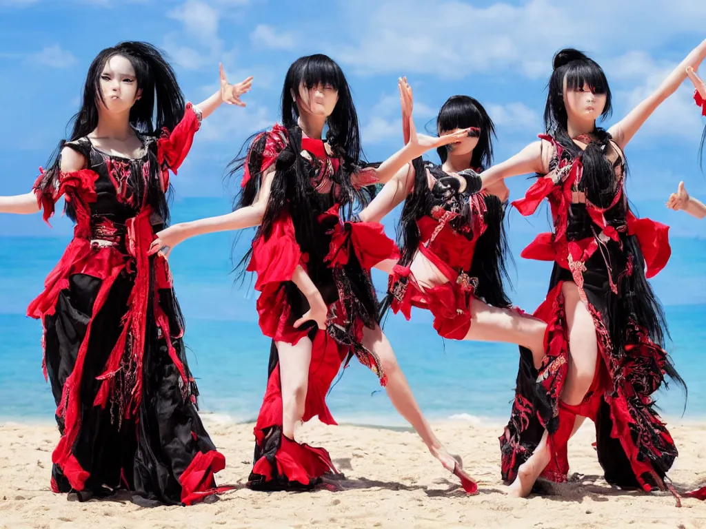 Image similar to babymetal 3 beautiful members performing on a tropical beach beautiful scenery, highly detail face, dynamic pose, High Definition detail, 8K, photography