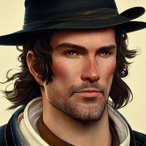 Prompt: Three quarters portrait of a gunslinger gentleman, highly detailed, digital painting, art by Stanley Lau and Artgerm and magali villeneuve and Alphonse Mucha, artstation, octane render, cgsociety