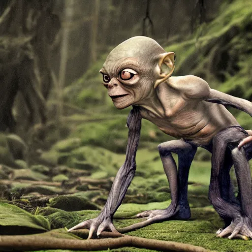 Prompt: Gollum makes twine in rainy forest