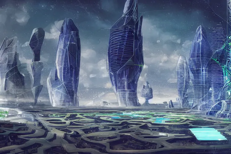 Image similar to futuristic luxurios cyberpunk city with Singaporean lush garden, advanced civilization, coherent details, at Salar De Uyuni, Hexagonal formations on the surface of salt crystallization, sandwiched between sedimentary deposits, bubbling geysers, marvellous reflection of the sky, digital painting, concept art, smooth, sharp focus, from Star Trek 2021, illustration, by WLOP and Ruan Jia and Mandy Jurgens and William-Adolphe Bouguereau, Artgerm
