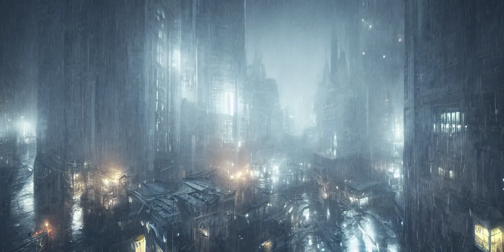 Image similar to a cold and melancholic city in a dark and rainy cavern, fantasy digital art, octane render, beautiful composition, trending on artstation, award - winning photograph, masterpiece