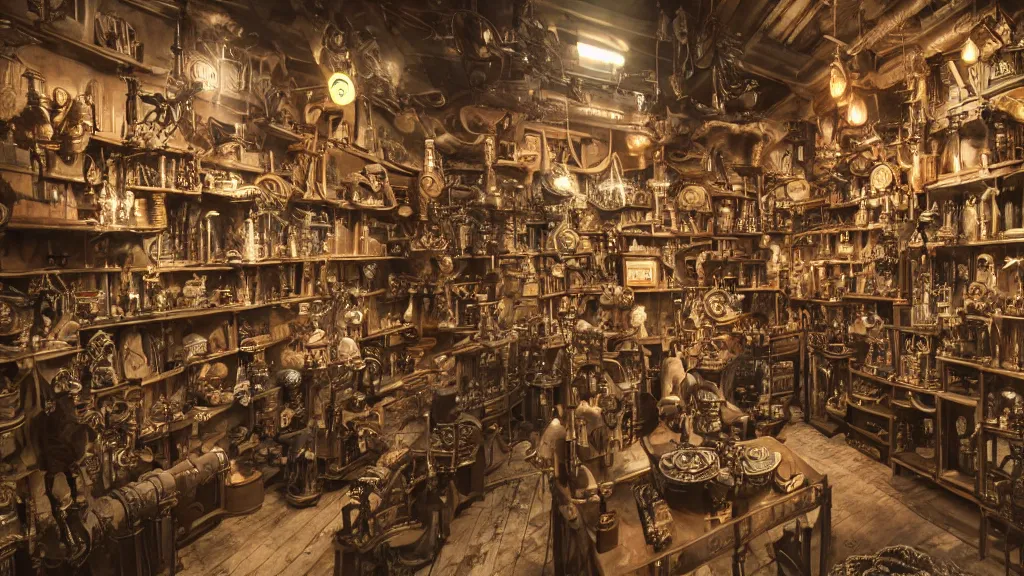 Image similar to A steampunk store, by Danar Worya, ultra detailed displays of weapons and clockwork machinations densely packed on shelves, volumetric lighting, 8k, unreal engine, trending on artstation