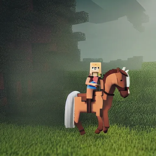 Image similar to cute annie leonhart riding a minecraft horse in a field, beautiful face, pale skin, rule of thirds, cinematic lighting, rainy weather, melancholy atmosphere, sharp focus, backlit, stunning, smooth, hard focus, full body shot, instagram photo, shot on sony a 7 iii, hyper realistic