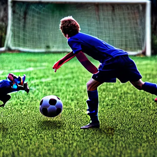 Prompt: a photograph of a soccer match between racoons and opossums