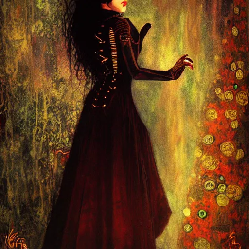 Image similar to A beautiful painting of a lady vampire, steampunk, dracula, soft light, cinematic, klimt