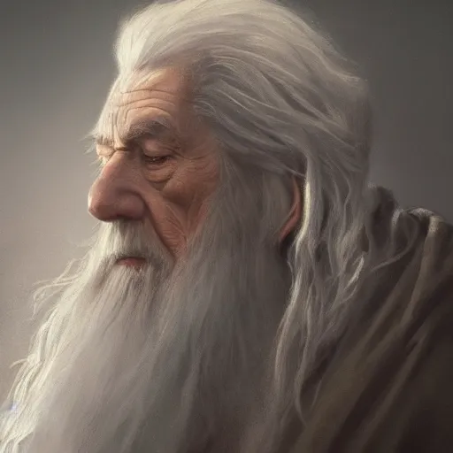 Image similar to a closeup portrait of gandalf, dramatic lighting, chiaroscuro, high detail, painted by greg rutkowski, painted by igor kieryluk, painted by bobby chiu, trending on artstation