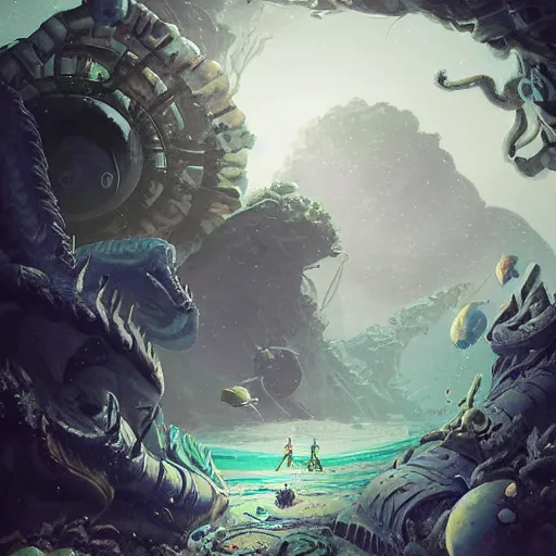 Image similar to Astronauts and some mythical animals are under the sea, they are swimming away from the giant kraken, the kraken is behind chasing them, this is an extravagant planet with wacky wildlife, the background is full of ancient ruins, the ambient is dark with a terrifying atmosphere, by Jordan Grimmer digital art, trending on Artstation,