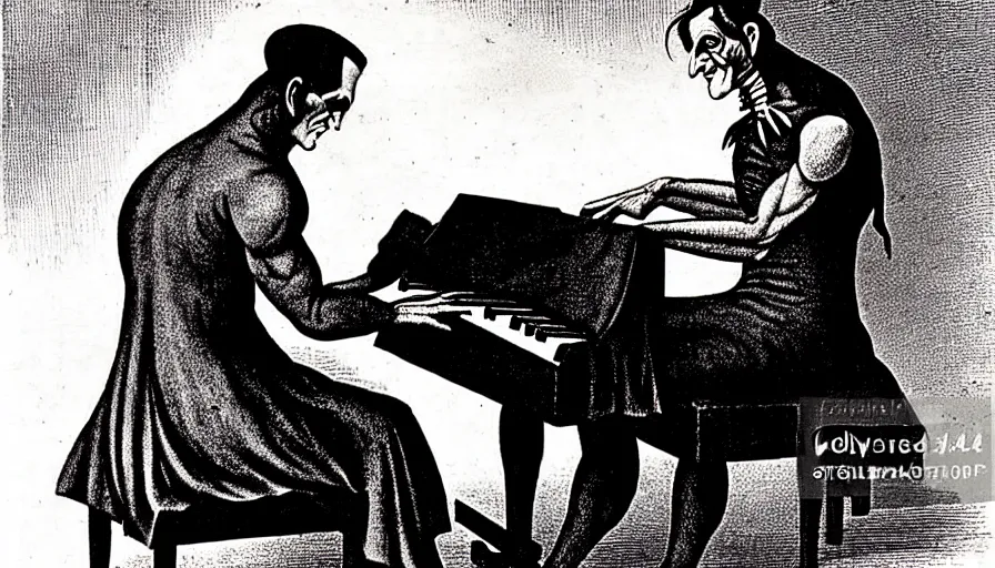 Prompt: Frankenstein playing piano. Artwork, classic, famous, style of Cassius Marcellus Coolidge.