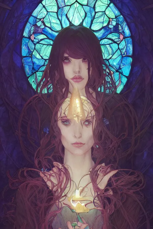 Image similar to a beautiful render of absolutely beautiful witch, gothic background, a beautiful face, perfectly shaded, atmospheric lighting, style of makoto shinkai, raphael lacoste, louis comfort tiffany, artgerm, karol bak, james jean, alphonse maria mucha